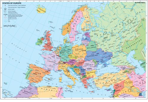 Európa országai angol nyelvű térkép fémléccel (2025)