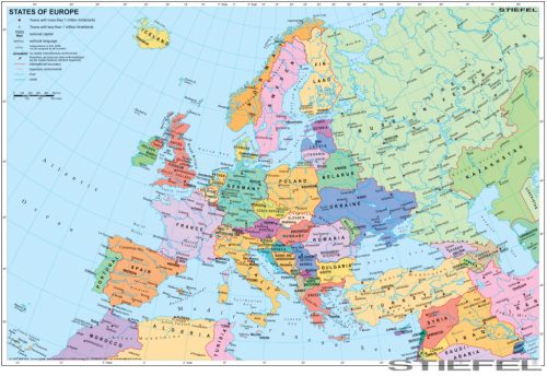 Európa országai angol nyelvű térképe, falitérkép (2025)