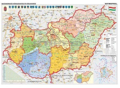 Magyarország közigazgatása és közlekedése (2004) iskolai földrajzi falitérkép DUO, 4 db tematikus térkép a hátoldalon