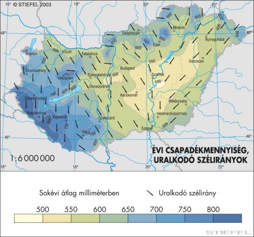 Évi csapadékmennyiség, uralkodó szélirányok