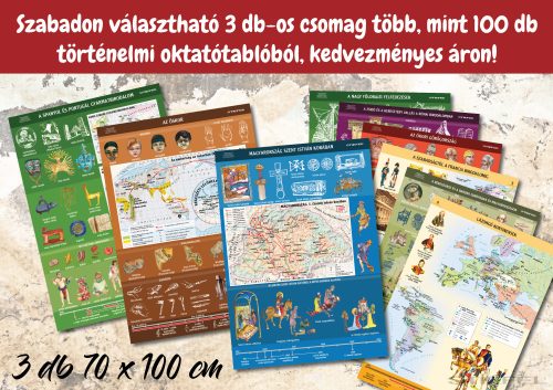Tetszőlegesen összerakható 3 darabos akciós csomag, több mint 100 féle iskolai történelmi oktatótablóból az őskortól a modern időkig. (70 x 100 cm / db)