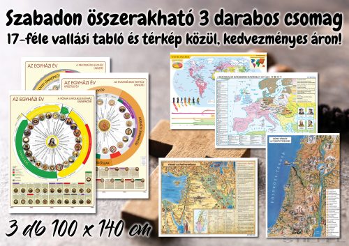 Tetszőlegesen összerakható 3 darabos akciós csomag 17-féle vallási, iskolai oktatótabló és térkép közül, 100 x 140 cm / db méretben.