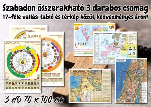 Tetszőlegesen összerakható 3 darabos akciós csomag 17-féle vallási, iskolai oktatótabló és térkép közül, 70 x 100 cm / db méretben.