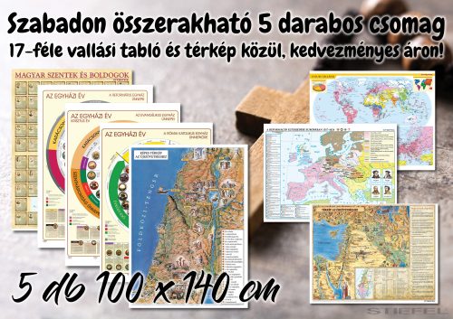 Tetszőlegesen összerakható 5 darabos akciós csomag 17-féle vallási, iskolai oktatótabló és térkép közül, 100 x 140 cm / db méretben.