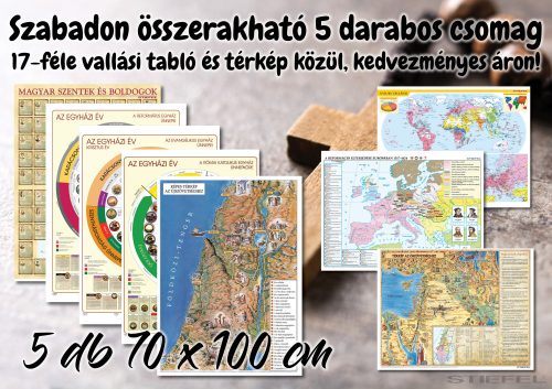 Tetszőlegesen összerakható 5 darabos akciós csomag 17-féle vallási, iskolai oktatótabló és térkép közül, 70 x 100 cm / db méretben.
